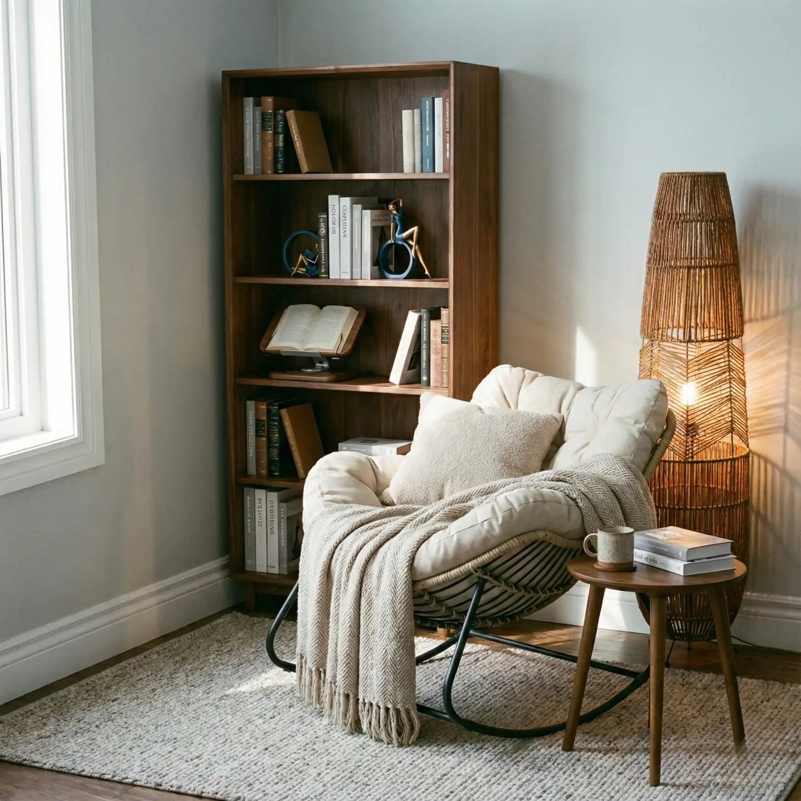 A cozy cream-colored wicker rocking chair with a black metal frame, draped in a textured beige throw blanket.