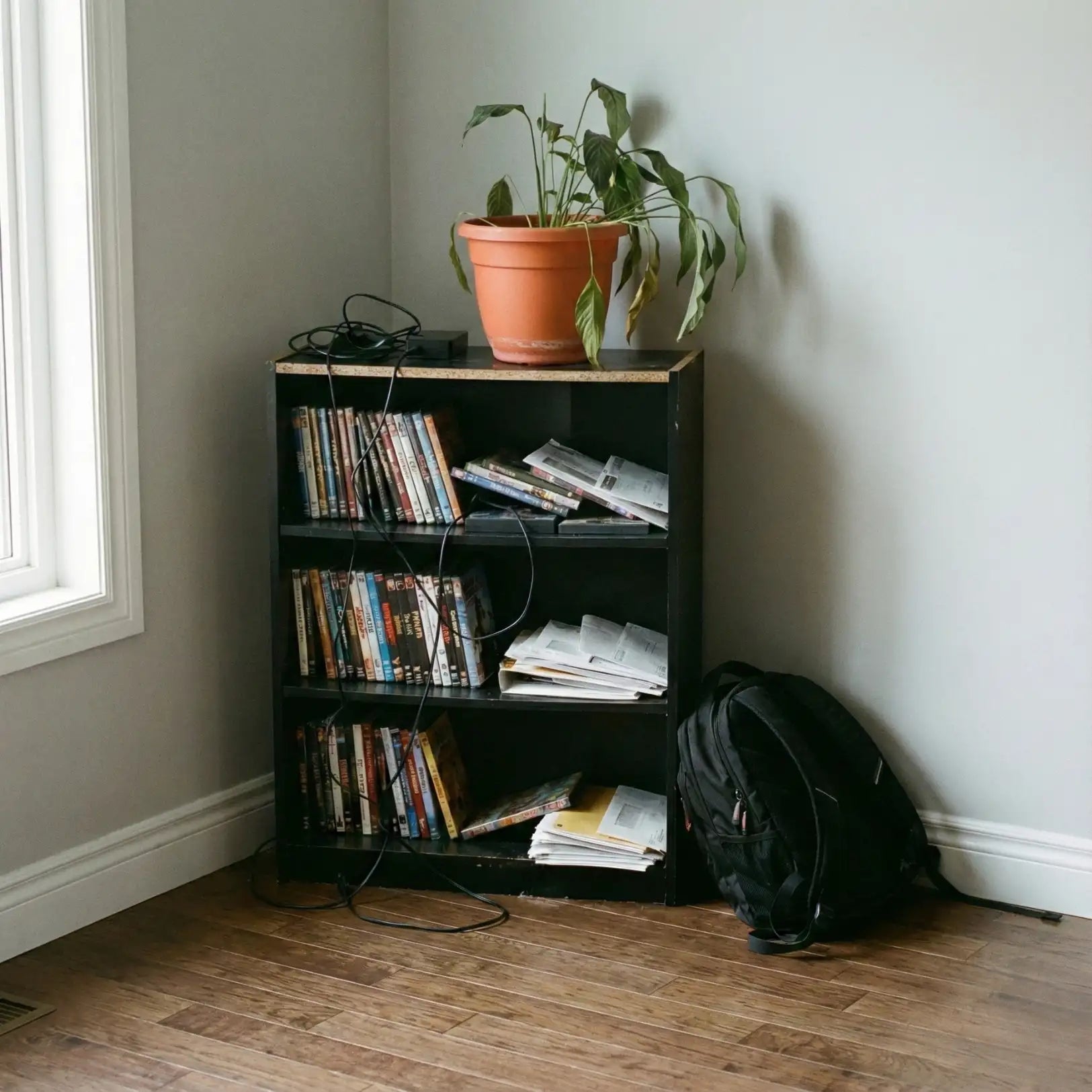 Black bookshelf with a terracotta pot of plant on top and dvds, books, and papers arranged inside its shelves.