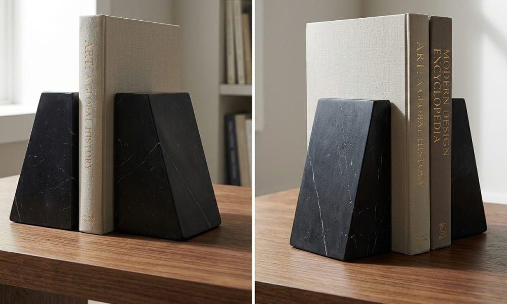 A split-panel close-up photograph showcasing a matching set of abstract, geometric wedge-shaped black marble bookends. The contemporary bookends are positioned on a warm-toned wood surface, stabilizing a curated collection of large hardcover books. One side of the image focuses on the bookends holding the spine of 'ART: A GLOBAL HISTORY', while the other panel offers a broader view including a second book with part of 'MODERN DESIGN ENCYCLOPEDIA' visible. Natural light from a window illuminates the scene, highlighting the marble's polished finish and gold foil stamping on the book spines. The setting is a minimalist, modern home office or library.