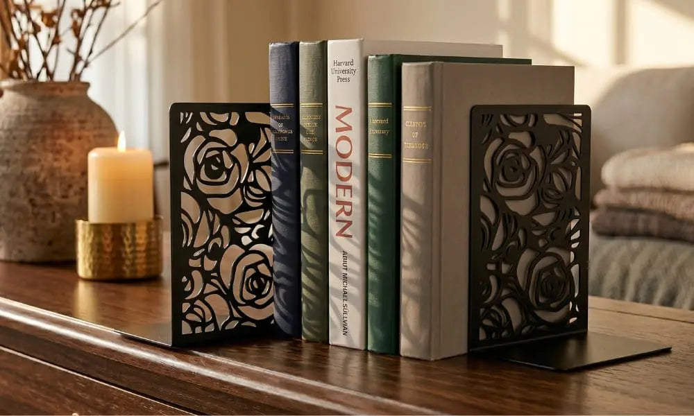 Close-up of a pair of matte black metal bookends featuring an intricate laser-cut rose and floral pattern. They hold a stack of hardcover books, including one with "Modern" on the spine, on a warm wooden console table. In the background, there is a ceramic vase, a lit candle, and a comfortable sofa.
