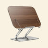 Adjustable wooden laptop stand with silver metal legs and base.