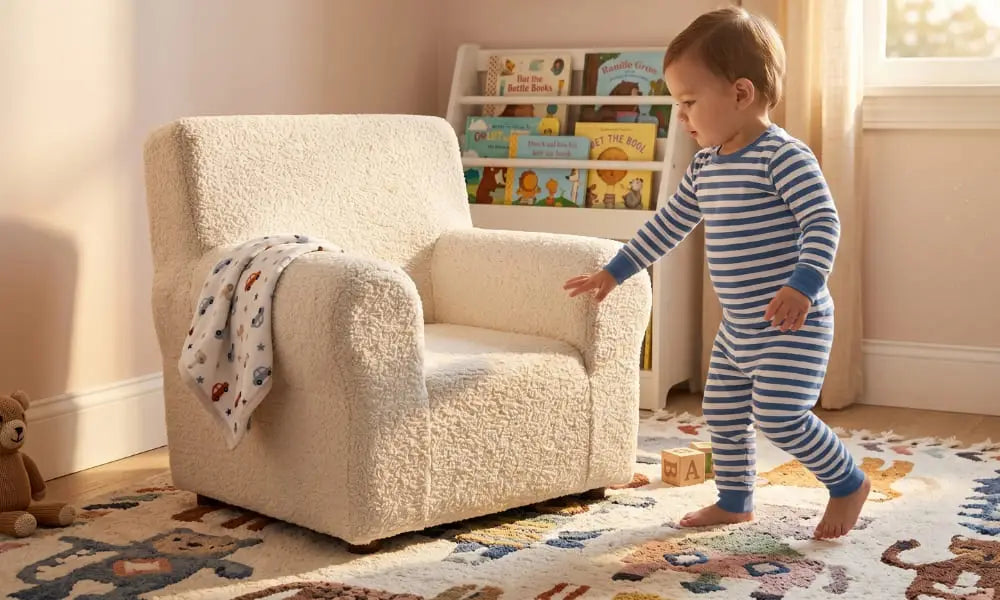 A cozy toddler-sized armchair in a sunlit nursery. A small child in striped pajamas walks towards and reaches for the cream-colored sherpa boucle chair. A baby blanket with a car pattern is on the armrest. The background includes a bookshelf with children's books, a teddy bear, and a patterned rug