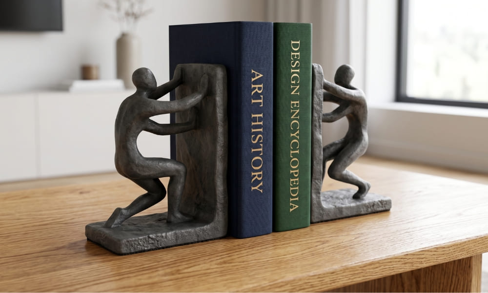 Intricate bronze male figure sculpture bookends securely hold navy "ART HISTORY" and green "DESIGN ENCYCLOPEDIA" hardcover books on a modern wooden table.