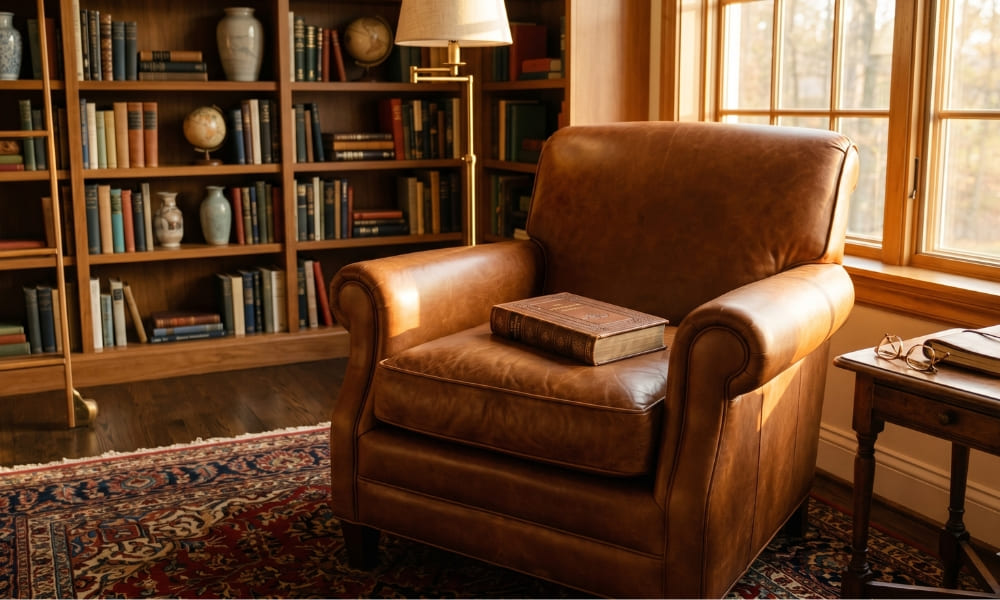 A detailed close-up view of a plush, saddle brown top-grain leather club armchair in a sun-drenched home library reading nook. A closed antique hardcover book with a warm patina rests on the deep seat cushion. In the background, a well-stocked wooden bookshelf, a classic brass floor lamp, a large window with trees, and an antique side table with spectacles and a journal create a cozy and inviting atmosphere. A Persian-style rug is visible on the floor. Natural afternoon light highlights the rich leather textures.