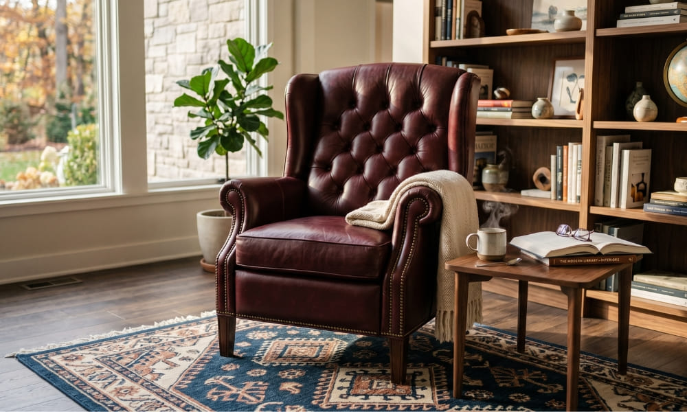 A luxurious, deep burgundy (oxblood) leather wingback armchair with tufting and nailhead trim sits in a sunlit home library corner. Afternoon sunlight streams from a large multi-paned window, illuminating the chair and a Fiddle Leaf Fig plant. A cozy cream-colored throw blanket is draped over one arm. Next to the chair is a walnut side table with a steaming ceramic mug of coffee and an open hardcover book titled 'THE MODERN LIBRARY INTERIORS'. Behind it is a well-stocked wooden bookshelf filled with books, decorative objects, and a globe. The entire scene is set on a patterned blue and cream rug over dark wood floors. The setting is curated and calm
