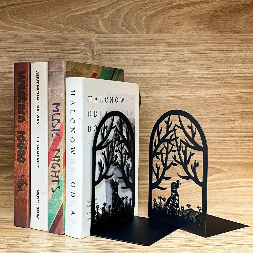 metal bookend featuring a cat and dog design