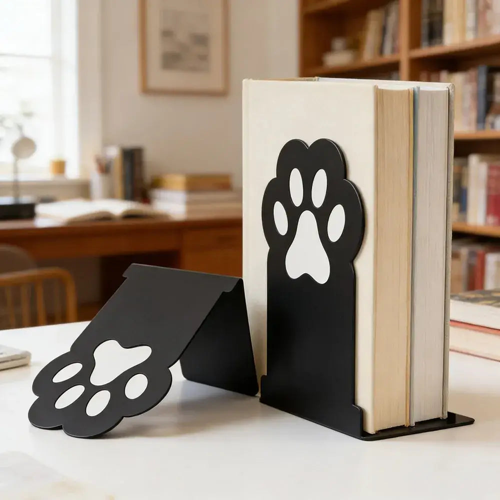 metal bookend shaped like a cat paw