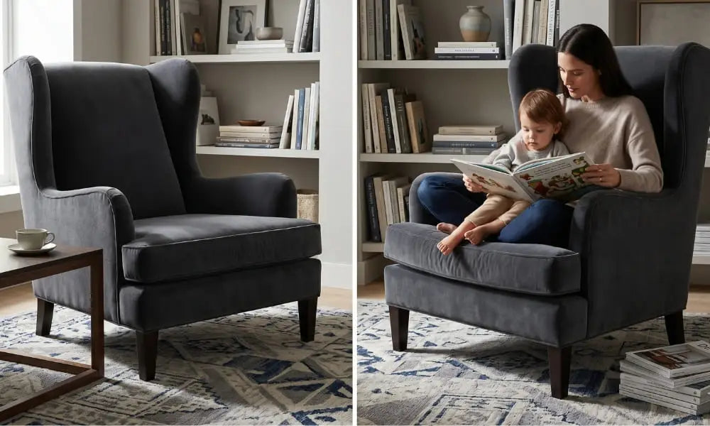 A two-panel image displaying a luxurious dark charcoal grey velvet wingback armchair. The left panel shows the empty chair in a cozy living room with a filled bookshelf, side table, and patterned rug. The right panel shows the same chair with a mother and her young child seated on her lap, sharing a picture book together in the same setting. The scene is warm and inviting.