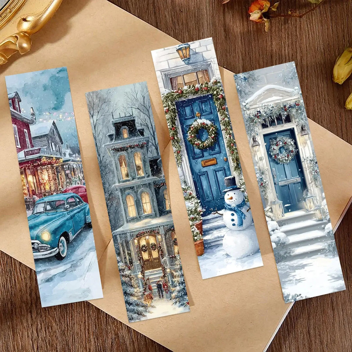 colorful bookmarks featuring Christmas motifs