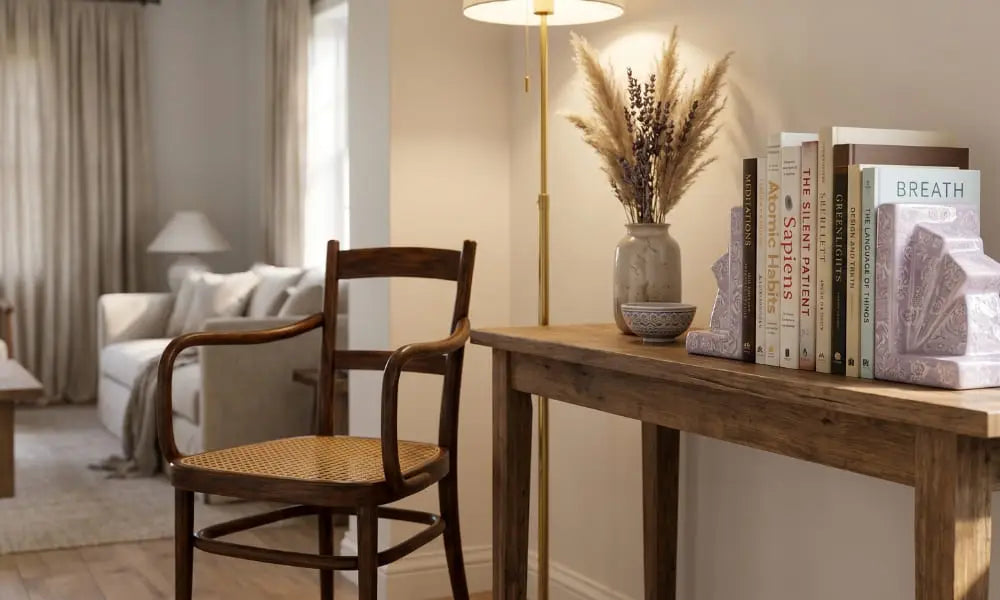 A cozy and inviting modern farmhouse living room corner. A rustic wood console table holds a curated collection of best-seller books secured by a pair of unique, lavender-colored ceramic elephant bookends. A classic dark wood Thonet-style armchair with a woven cane seat is placed next to the console. The background shows a comfortable sofa, linen curtains, a brass floor lamp, and a vase with pampas grass. Ideal for interior design and home library styling inspiration.