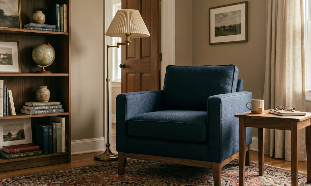 A wide, curated, inviting home library corner featuring a comfortable, dark navy blue linen upholstered armchair as the central visual anchor, positioned on a sophisticated patterned area rug. To the left, a dark wood bookshelf is filled with books, a vintage globe, and art prints, with text like 'America's Interiors' and 'Personal Refuges' visible on the spine. Behind the chair, a classic brass floor lamp with a pleated shade stands near a closed wooden door. To the right, a solid wood side table holds a ceramic mug and a book near a window with linen curtains. The scene exudes quality and durable comfort. Natural afternoon light creates soft gradients. 16:9 aspect ratio.