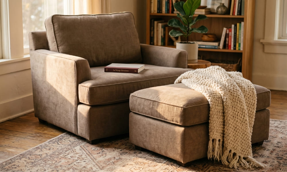 A high-quality, inviting photograph of a perfectly matched reading armchair and ottoman set, upholstered in a soft, textured linen fabric of warm taupe color. The set is positioned in a sun-drenched living room corner, over a subtle patterned rug. A thick, chunky knit wool throw blanket is casually draped over the ottoman. A book rests closed on the seat cushion. The focus is sharp on the set, presenting them as a cohesive unit designed for relaxation. The background is a soft blur of a cozy bookshelf and a potted plant.