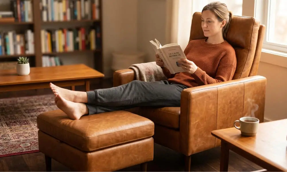 A woman in an orange sweater is comfortably seated and reading a hardcover book in a cozy saddle brown leather accent chair with a matching storage ottoman. Her bare feet rest on the ottoman. The background features a well-stocked wooden bookcase, a bright window with natural light, and a small table with a steaming mug and succulents. The overall atmosphere is warm and inviting, perfect for a home library or reading nook.