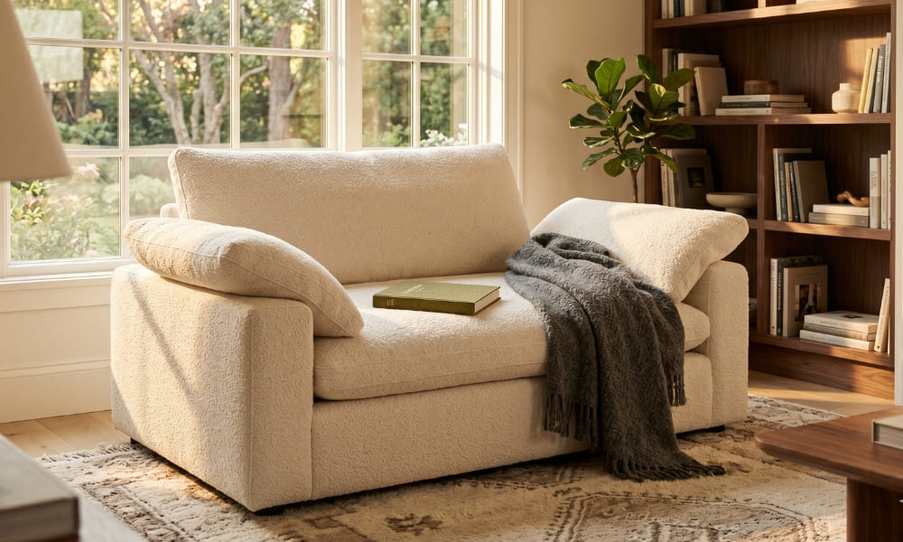 A luxurious, oversized modern cuddle-style reading chair upholstered in textured deep cream boucle fabric. The chair features extremely generous padding and is positioned in a sun-drenched living room corner near a curated bookshelf with a Fiddle Leaf Fig plant and a large multi-paned window overlooking a lush garden. A charcoal grey wool throw blanket is draped over one arm, and a closed hardcover book rests on the seat cushion. Afternoon golden hour light illuminates the scene, which also includes a plush, textured patterned rug. The scene conveys a warm and inviting atmosphere