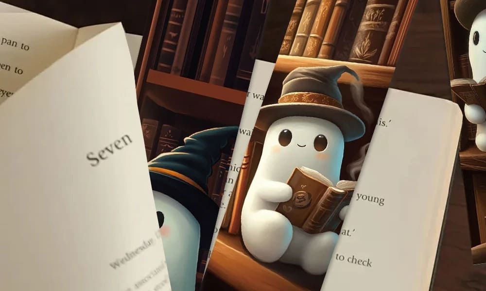 cute bookmarks featuring a kawaii white ghost wearing a wizard hat and reading a tiny book. The ghost is sitting in front of a library bookshelf background. The bookmarks are displayed inside an open book, perfect for spooky season and book lovers