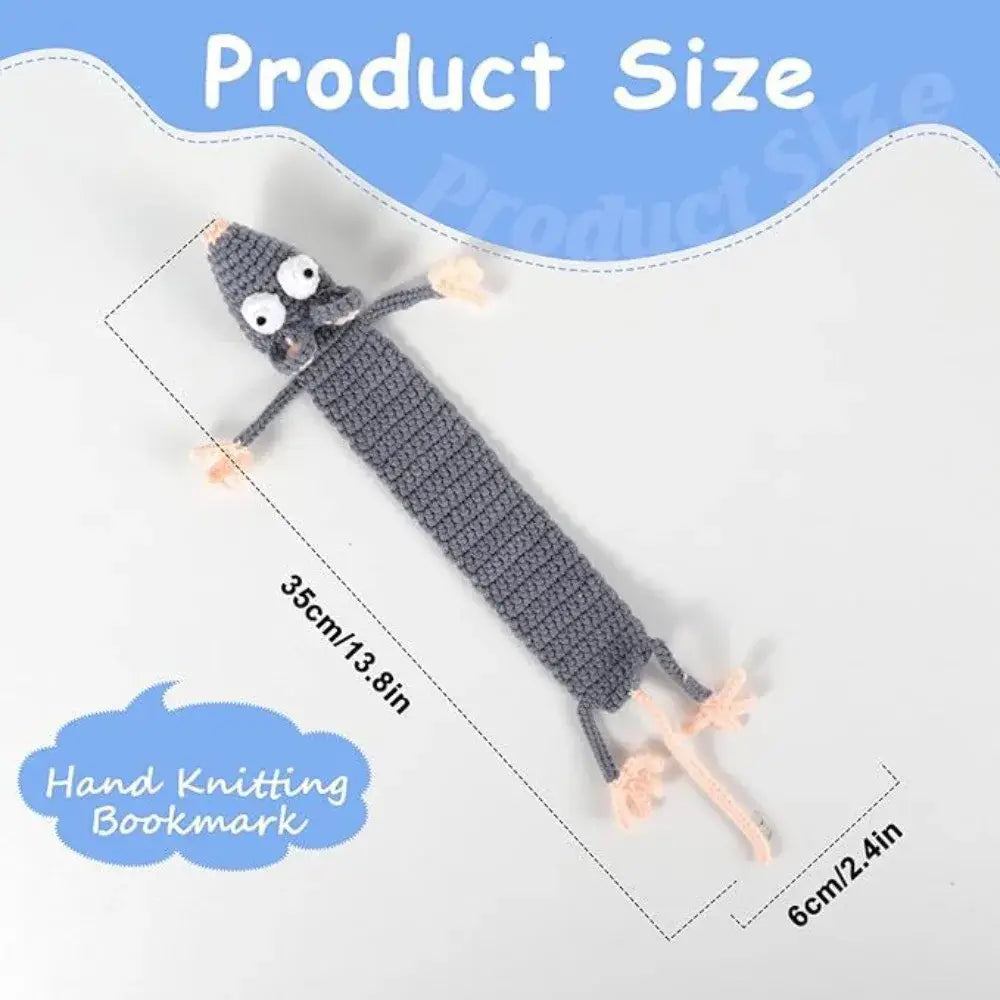 crochet bookmark shaped like a cute grey mouse