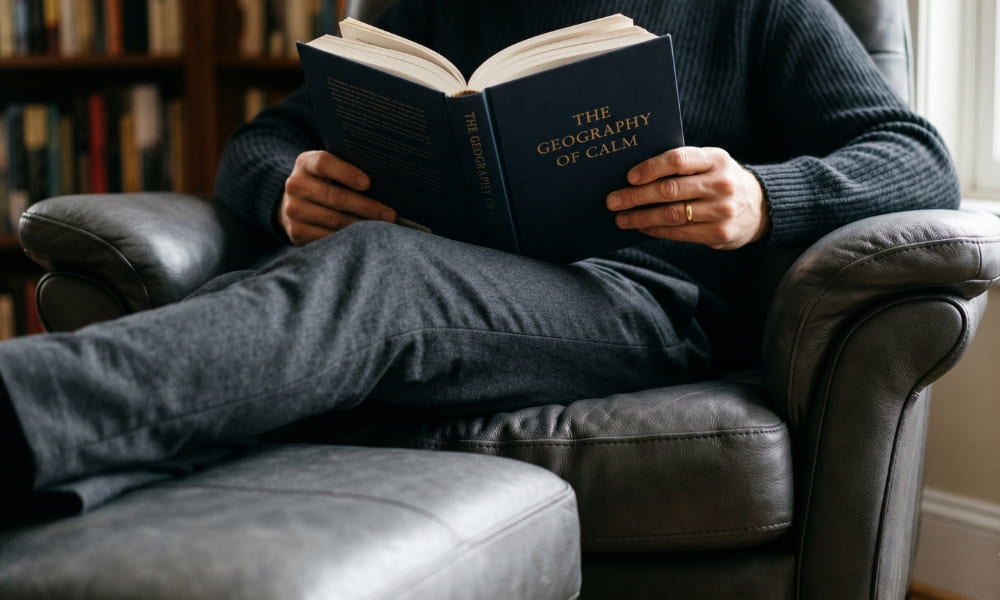 A man comfortably seated in a dark grey leather wingback armchair, reading an open hardcover book titled 'THE GEOGRAPHY OF CALM'. He wears a black ribbed sweater and charcoal grey trousers, and a wedding ring is visible on his hand. A blurred library bookshelf and window are in the background. The focus is on the chair and the book
