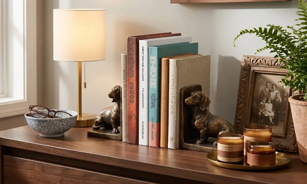 A close-up photograph of a pair of stylized, decorative bronze dachshund dog bookends, facing each other and holding a stack of books, including one with "WESTERN RODEO" on the spine, on a warm-toned wooden shelf. The curated home decor display is completed by other elements: a patterned bowl with reading glasses, a leather journal, a small potted succulent, a framed vintage family photo in a gold frame, and an amber glass candle, all bathed in soft, inviting light.