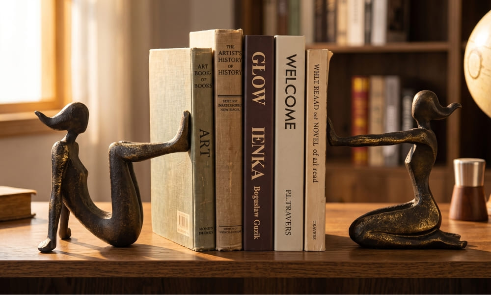 A detailed, high-quality photograph of unique bronze figure bookends. On the left, a bronze sculpture of a man in a dynamic pose is physically pushing a stack of books with effort. On the right, a matching bronze sculpture of a woman in a similar pushing stance supports the other side of the stack. The stack of books features visible titles like 'ART', 'HISTORY OF HISTORY', and 'WELCOME', among others. They rest on a rich wooden study desk under warm natural light. In the background, an antique globe and a bookshelf with diverse volumes are visible, creating a cozy and organized library or home office atmosphere in a US-style setting.