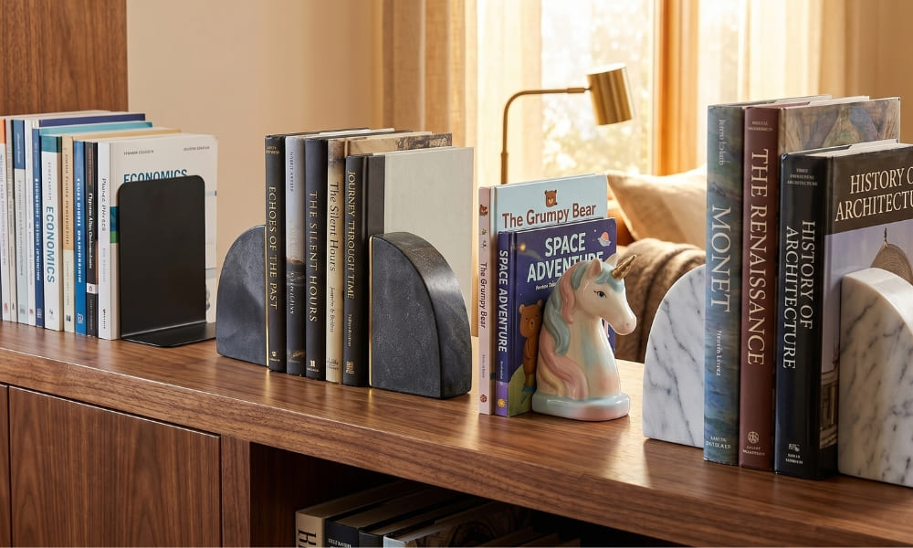 A close-up photograph of a curated wooden bookshelf in a modern American home, featuring various types of decorative bookends in active use. On the left, simple black metal bookends hold 'Economics' books. Next, dark geometric marble bookends with a brass inner trim hold standard-sized books. A painted ceramic unicorn figurine bookend supports children's books like 'The Grumpy Bear'. On the far right, white geometric Carrara marble bookends hold large art and history books, including 'Monet' and 'History of Architecture'. In the background, a brass lamp and a sofa enhance the warm, organized atmosphere.