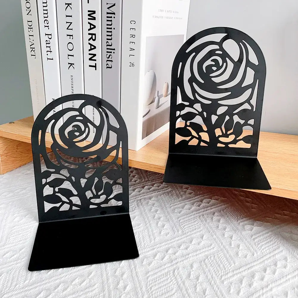 metal bookends with intricate rose details