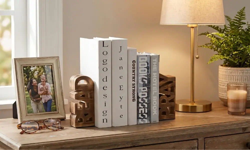 A curated wooden console table featuring decorative wooden letter bookends that spell 'READ', holding a stack of hardcover books like 'Logo design' and 'Jane Eyre'. Arranged nearby are a framed couple's photo, reading glasses in a patterned bowl, a potted fern, a brass table lamp, and scented candles, all by a sunlit window