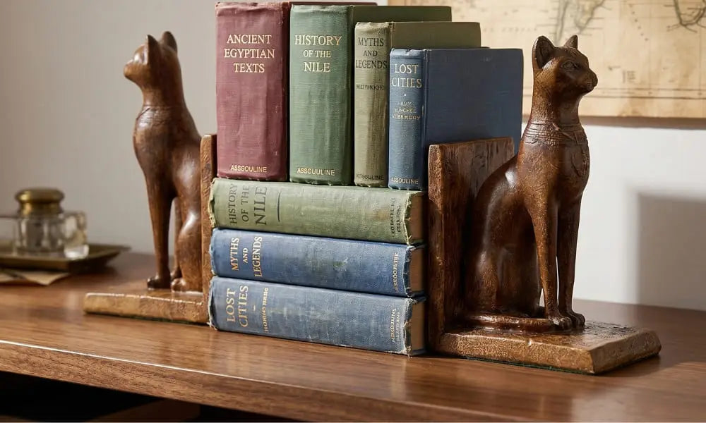 A pair of detailed brown carved-style Egyptian Bastet cat statue bookends are shown holding columns of Assouline books, including titles 'Ancient Egyptian Texts', 'History of the Nile', 'Myths and Legends', and 'Lost Cities'. They rest on a dark wood shelf with an antique brass inkwell and a large vintage world map displaying South America in the background