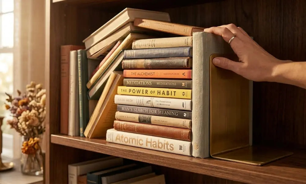 An intimate close-up shot of a hand with a silver ring carefully arranging a stack of popular self-improvement books like "Atomic Habits," "The Power of Habit," and "Meditations" on a dark wood bookshelf, using a sleek gold brass bookend. Legsible book spines show titles including "The Alchemist" and "Man's Search for Meaning." Natural window light, dried flowers, and a brass candlestick are visible in the soft-focus background.