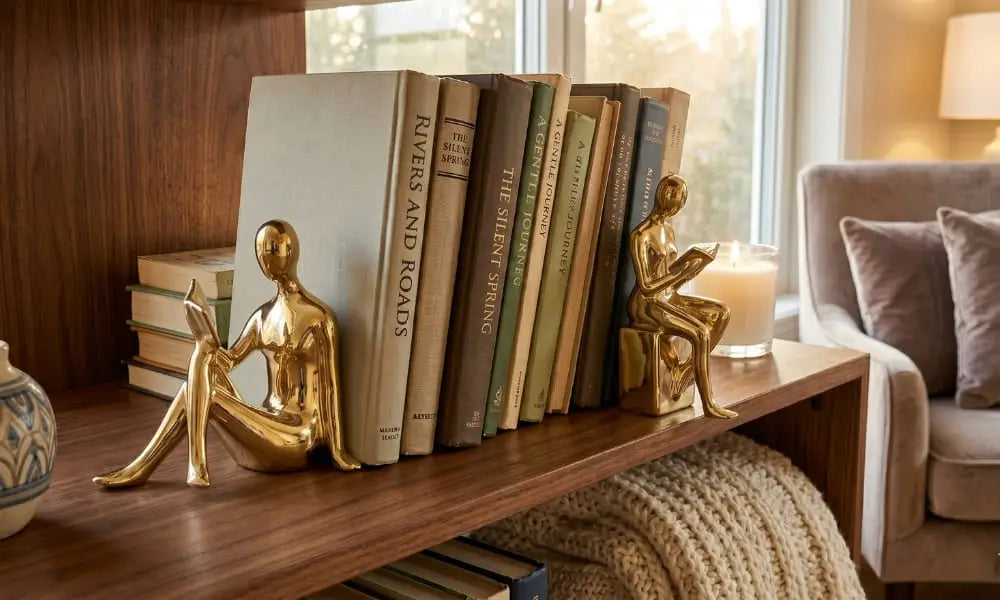 A close-up of a pair of decorative polished gold metal bookends in the shape of abstract human figures reading. One figure is reclining and holding a book, the other is seated on blocks, positioned on a wooden shelf. They hold up a collection of hardcover books (titles like 'RIVERS AND ROADS' and 'THE SILENT SPRING'). A decorated ceramic vase and a lit candle are next to them, with a cozy velvet armchair in the blurred background. Modern home library decor.