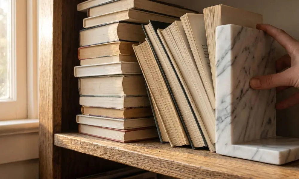 A close-up photograph of a hand placing a polished white Carrara marble bookend with subtle grey veining against a precarious stack of diverse old books on a rustic oak wood bookshelf, illuminated by soft natural light near a window.