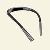A sleek, dark gray wireless neckband with a flexible black corrugated cord and metallic accents.