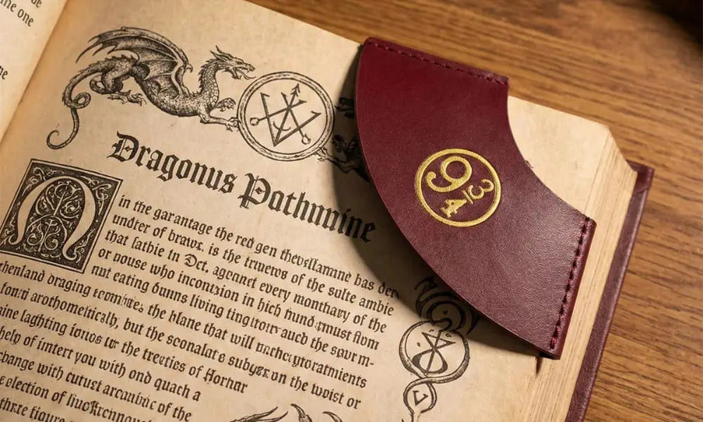A dark red leather corner bookmark with an embossed gold '9 3/4' insignia, placed on the corner of an open old book page featuring dragon illustrations and English text