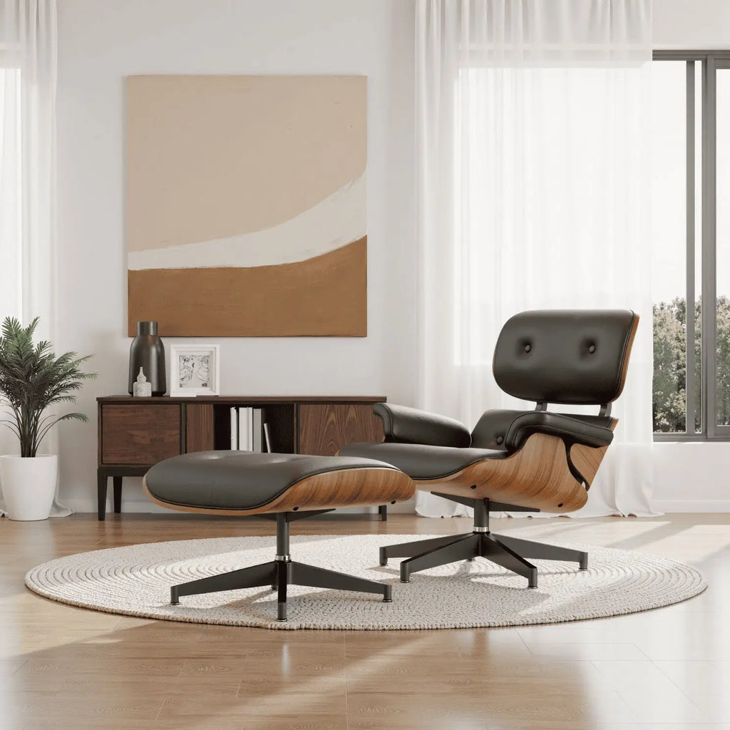 comfortable reading chair in leather with foot stool