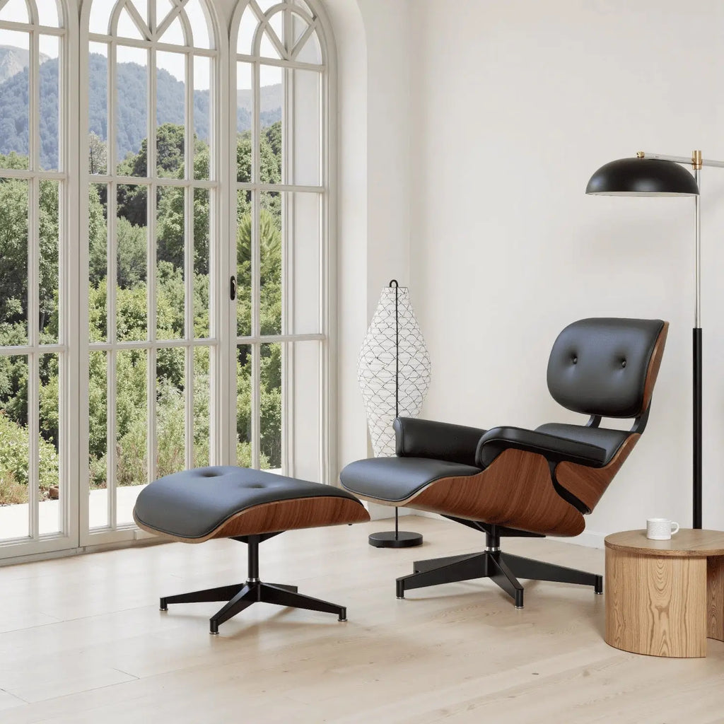 Leather reading chair with ottoman