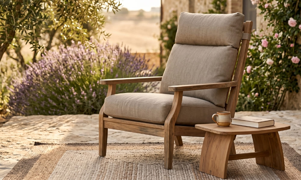 A beautifully crafted, high-backed outdoor reading armchair made of aged teak wood, featuring plush, textured taupe all-weather cushions, is positioned on a natural flagstone terrace with a woven rug. It invites relaxation under dappled sunlight filtering through an olive tree, next to a matching low wood side table holding a ceramic mug and a closed book. Lavender bushes and climbing roses frame a rustic stone wall in a sun-drenched, tranquil garden setting, conveying durable elegance and peace. The background shows softly blurred golden-hour hills. 16:9 aspect ratio.