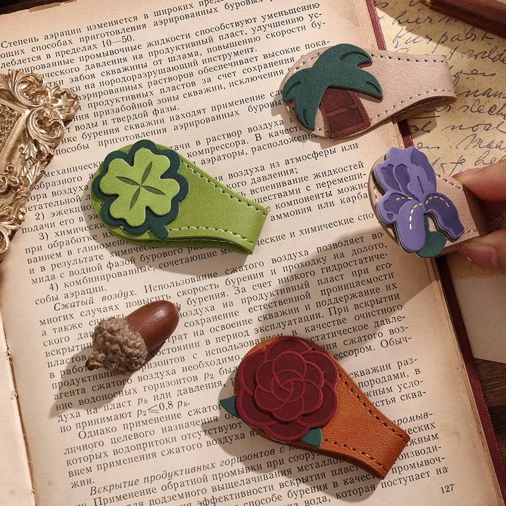 leather flower bookmark with magnetic closure