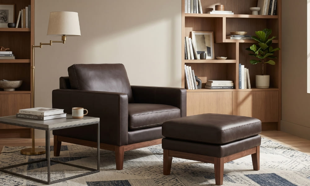 A sophisticated modern home library reading nook centered on a structured dark espresso leather armchair and matching ottoman. Both pieces feature high-quality leather and visible solid walnut wood bases. The set is positioned on a blue and cream geometric patterned rug near a curated, built-in wooden bookshelf filled with books and art objects. To the left, a minimalist grey-topped coffee table with stacked books (e.g., 'Architectures') and a ceramic mug sits next to a modern gold floor lamp. Natural light streams from a large window near a potted Fiddle Leaf Fig plant. The overall atmosphere is calm, curated, and complete.