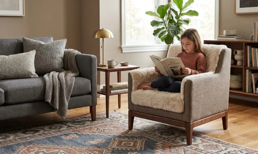 A young girl in an orange sweater sits comfortably and reads an open book in a unique, mid-century modern style accent armchair. The chair has a natural wood frame and grey fabric, heavily lined with plush, cream-colored shearling for a cozy, tactile feel. The chair is placed over a patterned rug next to a grey sofa. A wooden side table with a brass lamp and a Fiddle Leaf Fig plant are in the background near a window