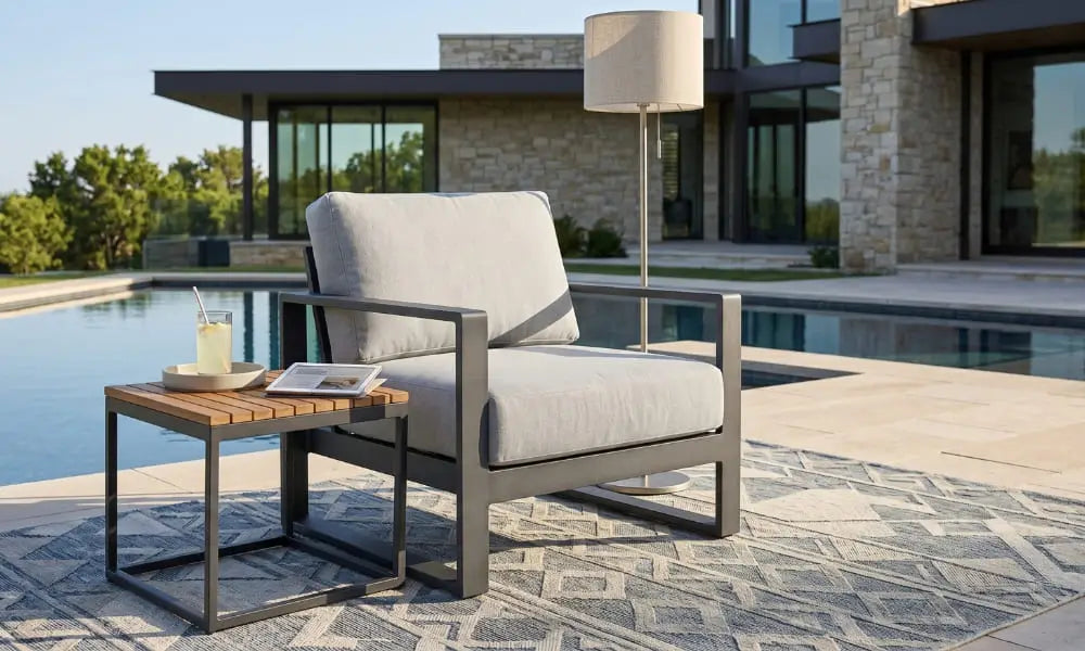 High-end modern outdoor lounge chair with light grey Sunbrella cushions and an anthracite aluminum frame, placed on a geometric outdoor rug by a luxurious backyard swimming pool. A teak side table with a glass of lemonade and a magazine, and an outdoor floor lamp with a linen shade, are next to the chair. A modern luxury home with stone walls and glass doors is in the background. The scene is sun-drenched and relaxing.