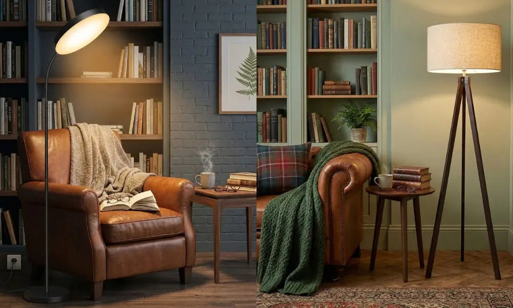 A side-by-side comparison of two reading nook styles. On the left, a modern industrial design with a sleek black floor lamp, a leather armchair, and dark gray brick walls. On the right, a traditional dark academia aesthetic featuring a wooden tripod floor lamp with a linen shade, a leather sofa with plaid blankets, and sage green built-in bookshelves.
