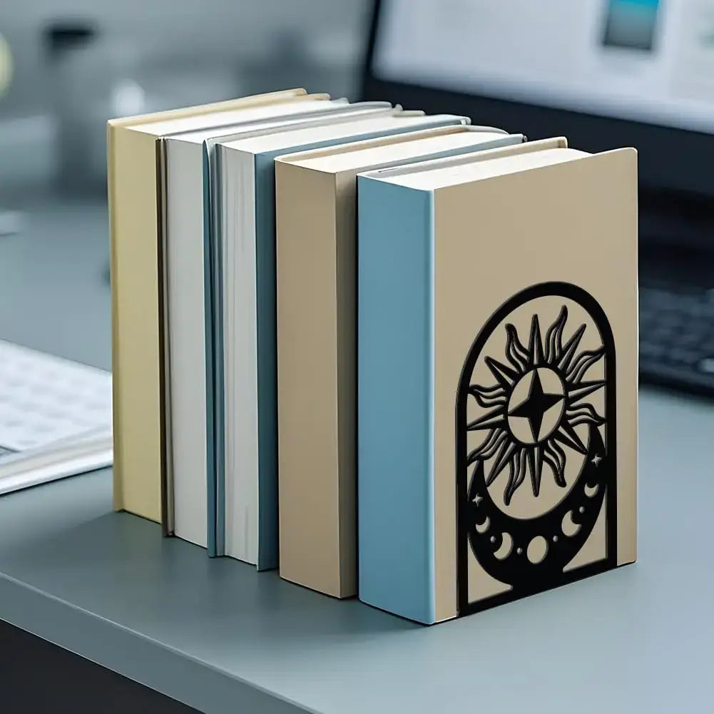 modern metal bookend with sun and moon design