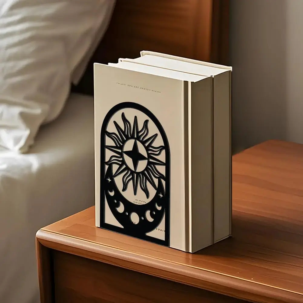 unique bookend featuring sun and moon motifs