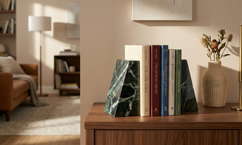 A detailed, close-up photograph of a pair of unique, highly polished dark green marble geometric bookends with distinctive veining, securely holding a curated selection of hardcover books on a rich walnut console table in a sophisticated living room. Next to the books are a textured woven ceramic vase containing dried seed pods and a minimalist brass taper candle in a polished holder. Subtle afternoon natural light creates soft shadows, emphasizing the sculptural, geometric form of the marble pieces. The context is a beautifully styled, high-end living room, with a soft blur of a brown leather sofa, bookshelf, and floor lamp in the warm background. Cultured home decor and elegant shelving.