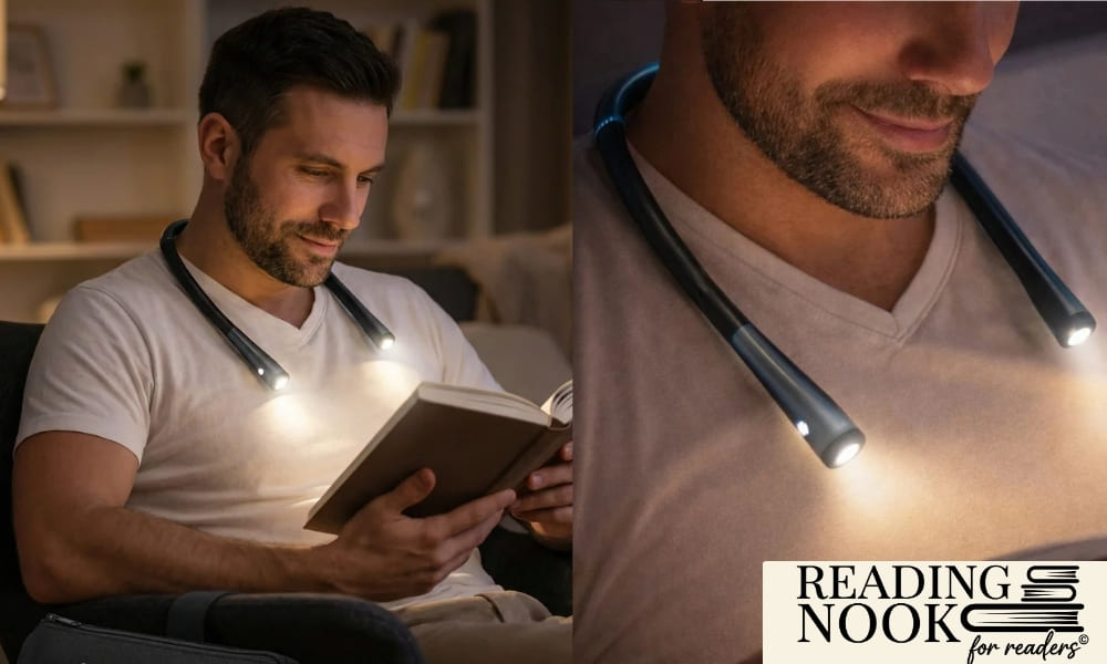 A man using a grey LED neck reading light to read a book in a dark room. The hands-free light rests comfortably around his neck, providing direct illumination on the pages. Features the Reading Nook brand logo, perfect for reading in bed without disturbing others.