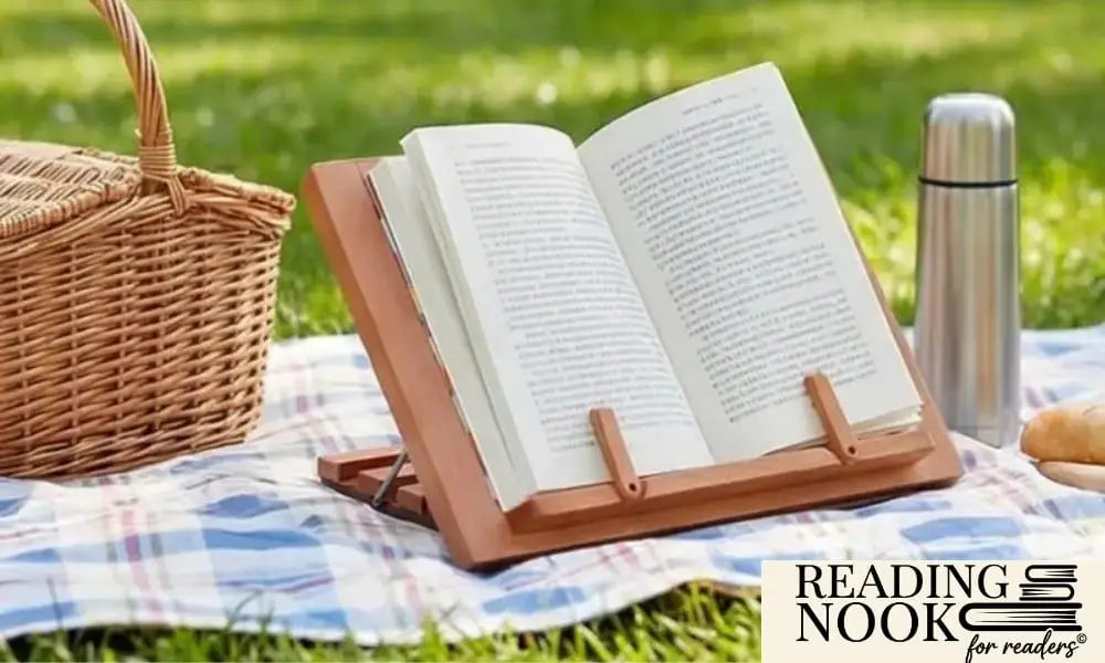 A portable wooden book stand from Reading Nook holding an open book on a checkered picnic blanket in a sunny park. The scene features a wicker picnic basket and a thermos in the background, showing how the stand's page holders keep books open outdoors.