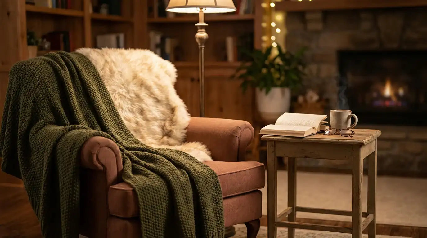 Brown leather armchair draped with a textured olive green knit blanket and a fluffy cream-colored throw. Image