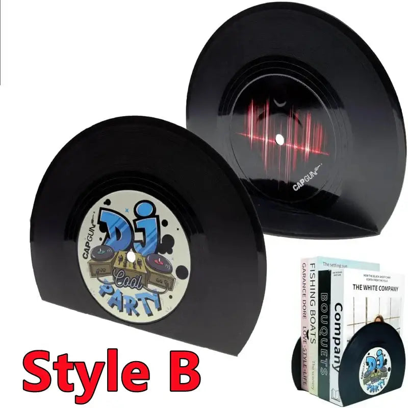 colorful bookend shaped like a retro record