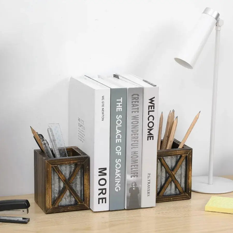 decorative wooden bookends in burnt finish