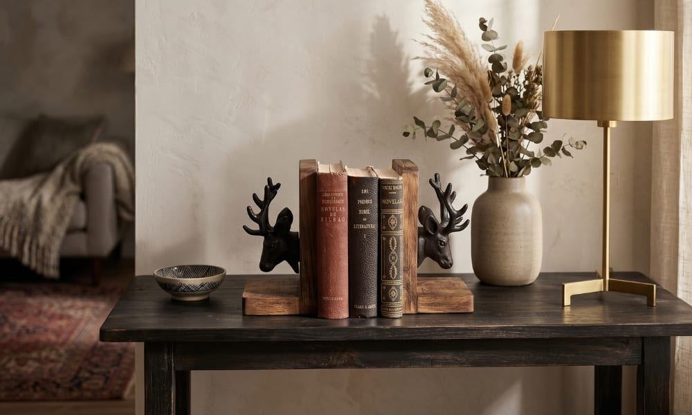 A pair of rustic cast iron stag head bookends holding a stack of vintage hardcover books on a dark wood console table, styled with a modern brass table lamp, a vase of dried pampas grass and eucalyptus, and a patterned bowl. The background shows a soft-focus living room with a couch and rug.