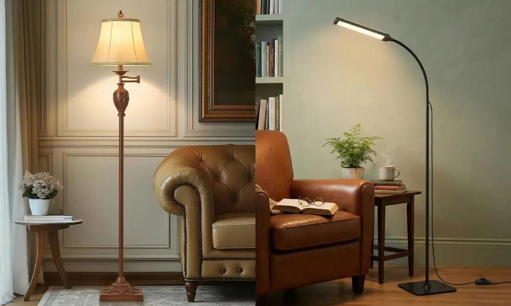 A side-by-side comparison of two reading lamps. On the left, a traditional ornate bronze floor lamp with a beige fabric shade next to a leather sofa. On the right, a modern minimalist black LED floor lamp with an adjustable gooseneck over a cozy armchair with books and a mug.